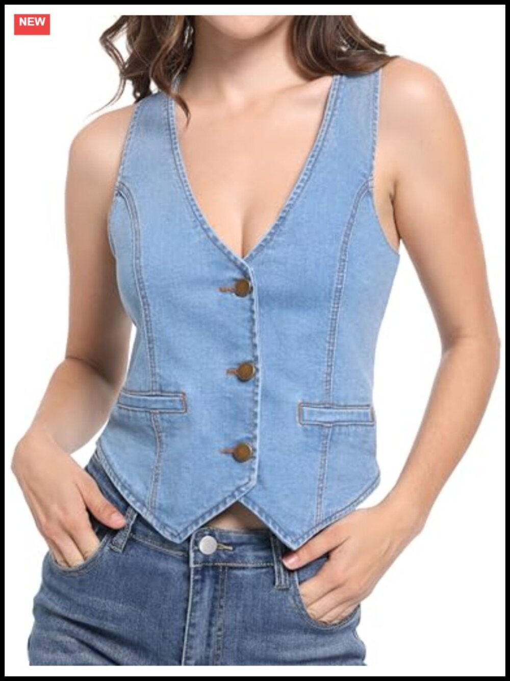 Womens Cropped Denim Vest Button Up Sleeveless V Neck Jean Vest Top